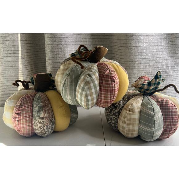 3 Fabric Handmade Fall Pumpkins 8x6 inch new condition Fall Winter Table Decore - Picture 1 of 11